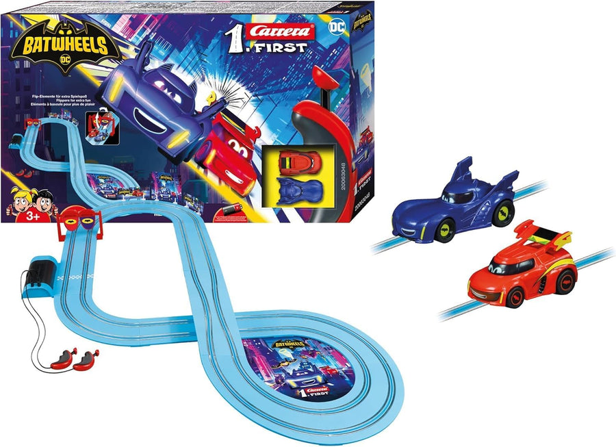 Carrera First DC Bat Wheels Race Track Set toy with colorful track pieces and Batman-themed vehicle for kids' racing fun