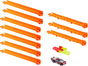 Hot Wheels toy car track set with starter pack, featuring colorful plastic tracks and a 1:64 scale car for creative racing fun.