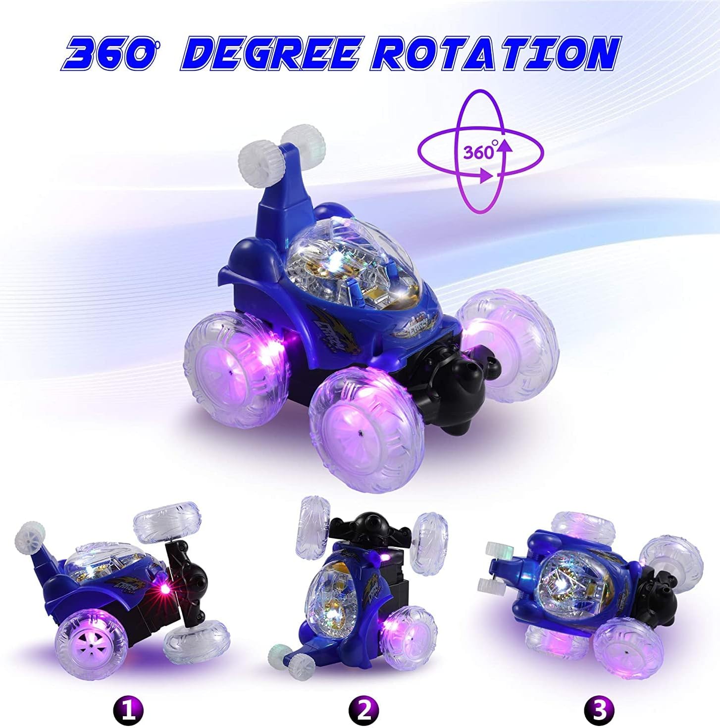 Waterproof double-sided stunt toy car with remote control, 360-degree spins, designed for outdoor play by Generic.