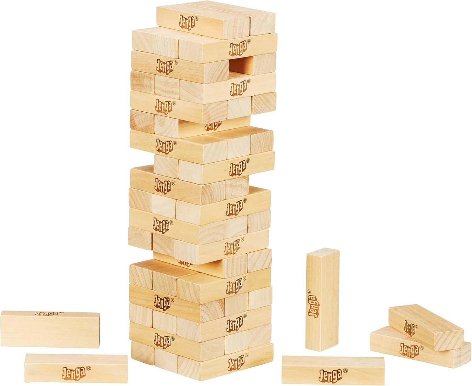 Hasbro Classic Jenga game with wooden blocks stacked in a tower, ready for gameplay, made in the USA.
