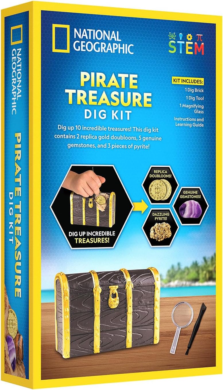 National Geographic Pirate Treasure Dig Kit by Playzokids showing a young explorer with a treasure chest and digging tools.