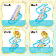 Colorful electric duck toy with a stair climbing race track, designed for kids' play and entertainment.