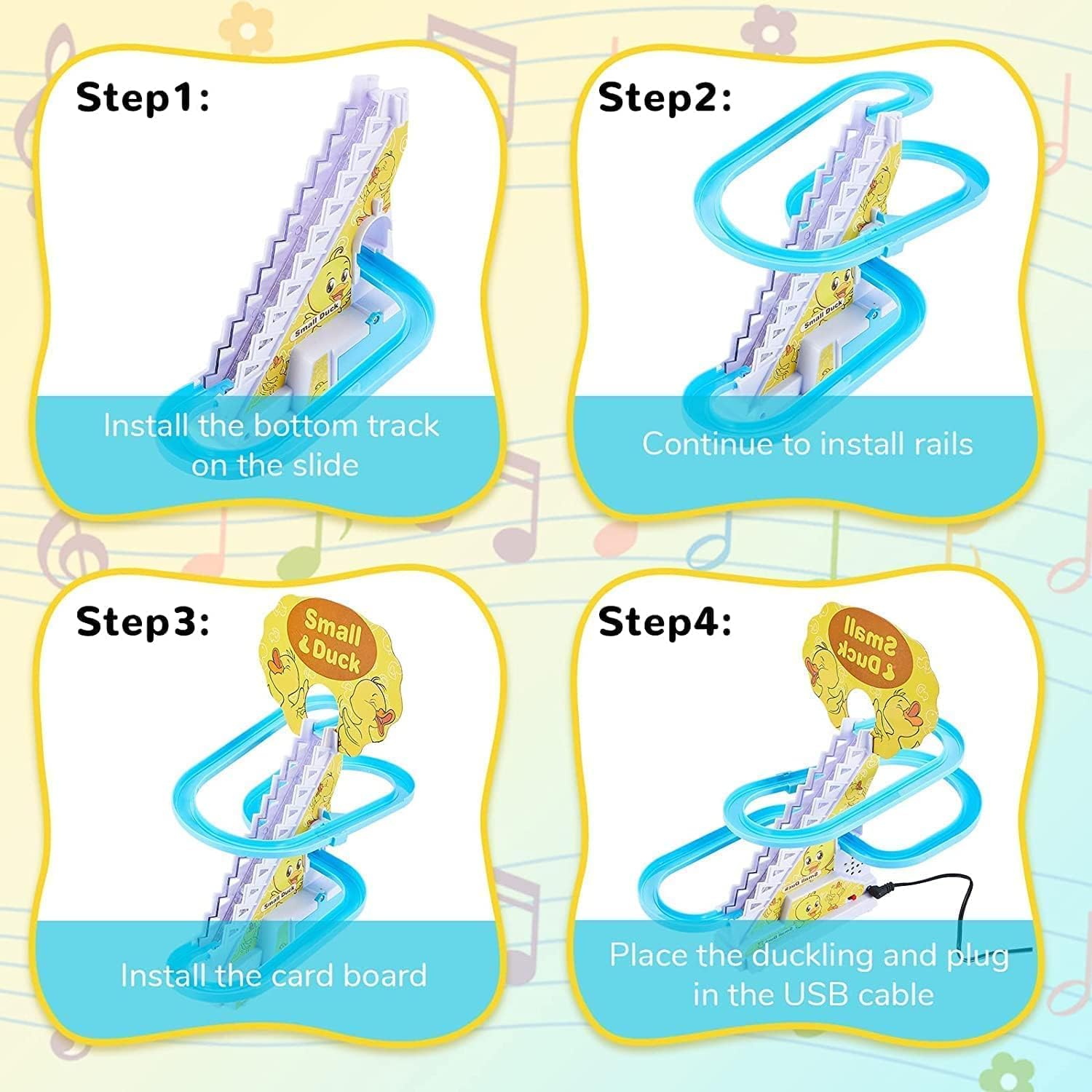 Colorful electric duck toy with a stair climbing race track, designed for kids' play and entertainment.