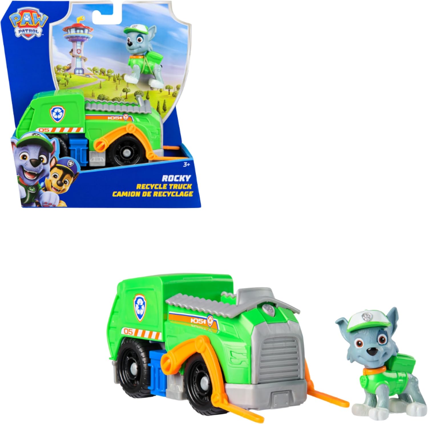 Spin Master PAW Patrol recycling truck toy with Rocky figure, colorful plastic vehicle with recycling symbols and Rocky character.