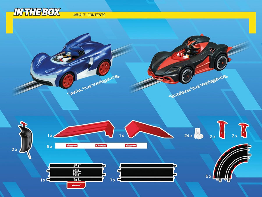 Carrera Sonic the Hedgehog race track with colorful tracks and racing cars, ideal for Sonic-themed slot car racing.