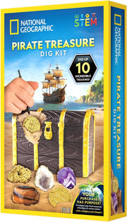 Playzokids National Geographic Pirate Treasure Dig Kit with excavation tools and buried treasure replica for kids' adventure play.