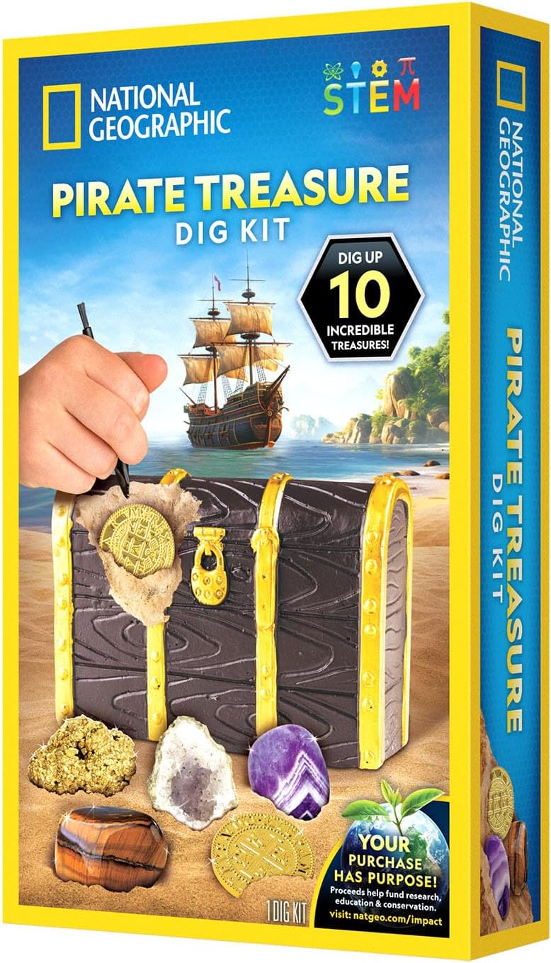 National Geographic Pirate Treasure Dig Kit by Playzokids featuring a treasure map, digging tools, and buried treasure artifacts.