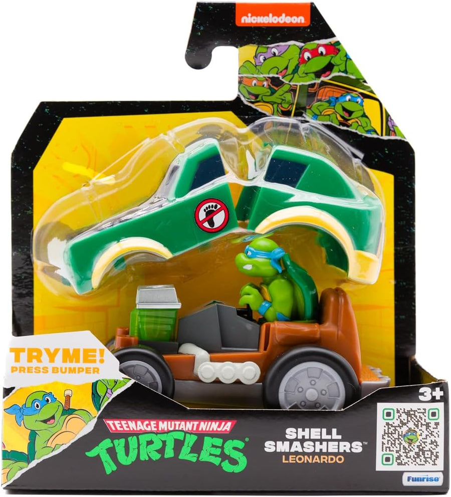 Teenage Mutant Ninja Turtles Shell Smasher Karts toy featuring Leonardo figure from Funrise with detailed turtle shell design and racing cart