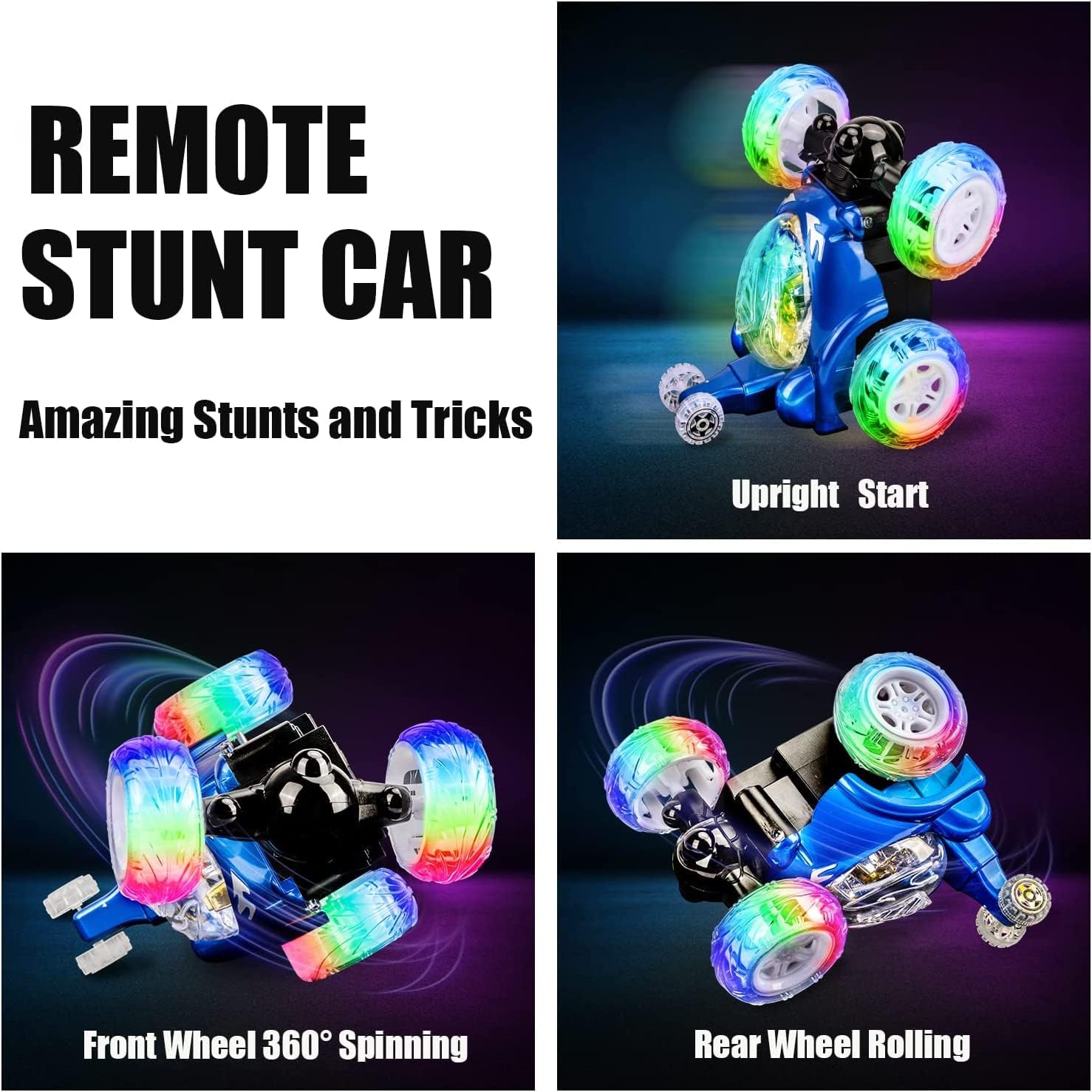 Waterproof double-sided stunt car toy with remote control, capable of 360-degree spins, designed for outdoor play and tricks.