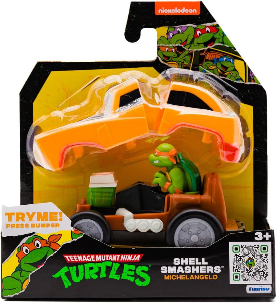Teenage Mutant Ninja Turtles Shell Smasher Karts featuring Michelangelo toy from Funrise, shown in colorful plastic with character details.