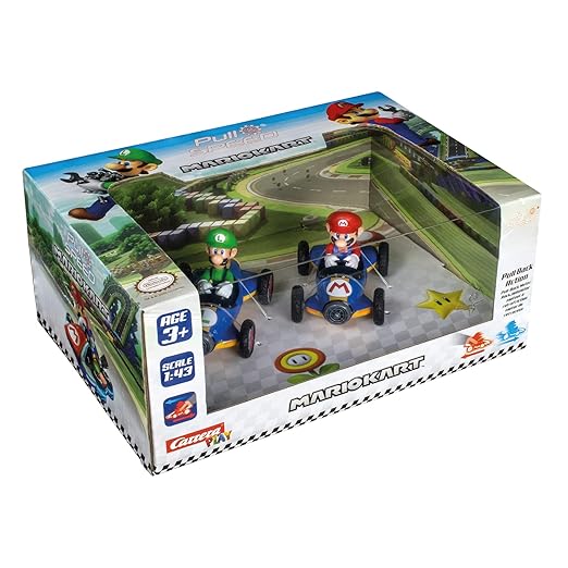 Carrera Pull N Speed Mario Kart Mach8 twinpack toy set featuring race cars with colorful designs and racing details.