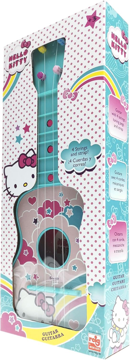 Hello Kitty 4-string guitar toy with pink and white design, colorful Hello Kitty graphics, and small guitar body.