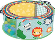 Colorful Fisher-Price circular ball pit balls scattered inside a play area, showcasing soft, lightweight plastic construction.