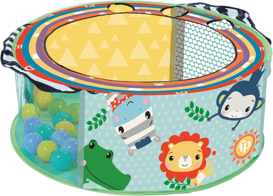Colorful Fisher-Price circular ball pit balls in red, blue, yellow, and green for children's play and sensory fun.