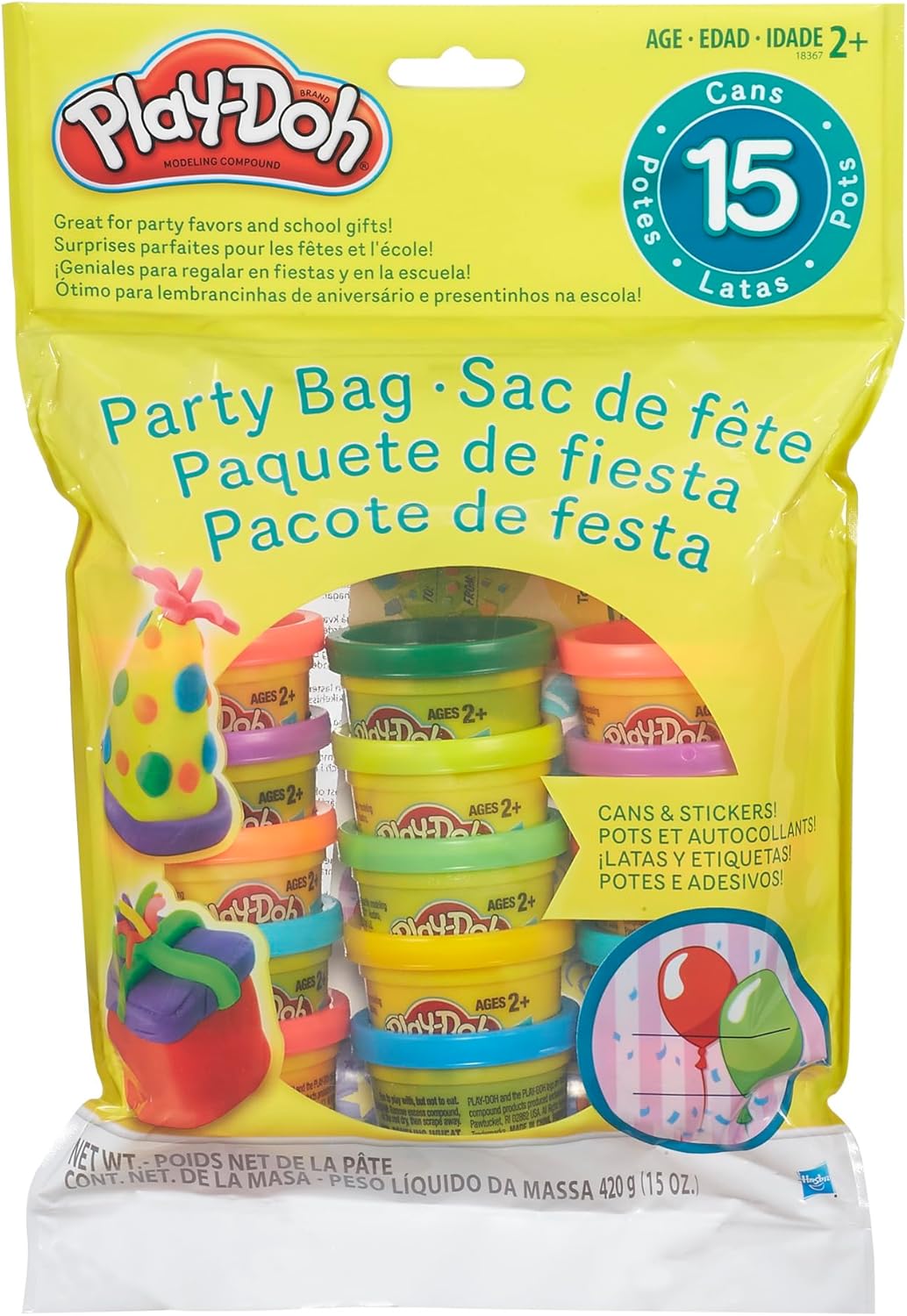 Colorful Play-Doh Party Bag with 15 mini cans of Hasbro Play-Doh for kids' party favors and creative play.