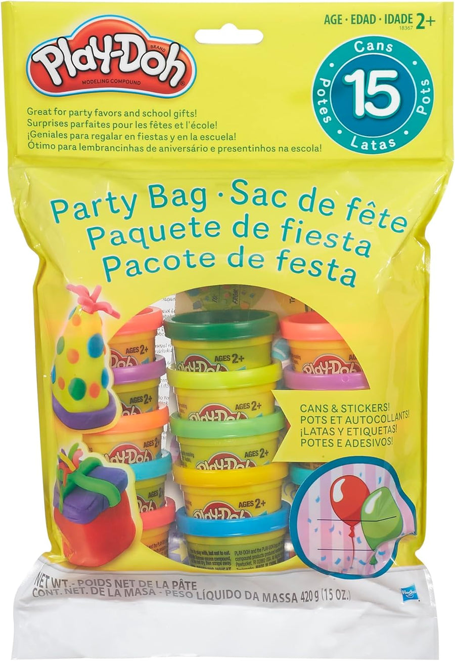 Colorful Play-Doh Party Bag with 15 mini cans of Hasbro Play-Doh for kids' party favors and creative play.