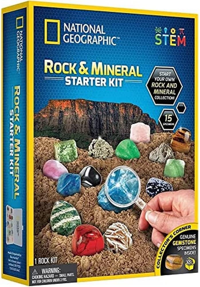 National Geographic Rock and Mineral Starter Kit with colorful stones and specimens for educational geology exploration by Playzokids