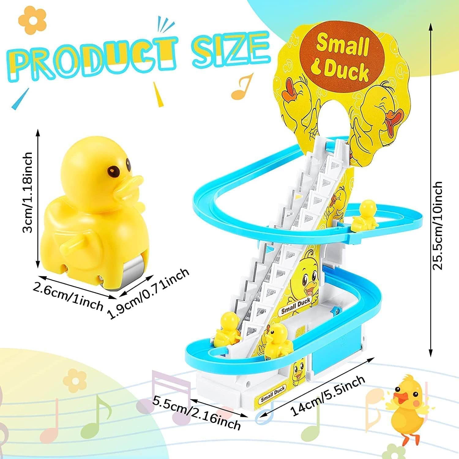 Colorful electric duck toy climbing a toy race track with stairs, designed for kids' play and entertainment.