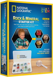 Playzokids National Geographic rock and mineral starter kit with various colorful rocks and minerals for educational exploration.