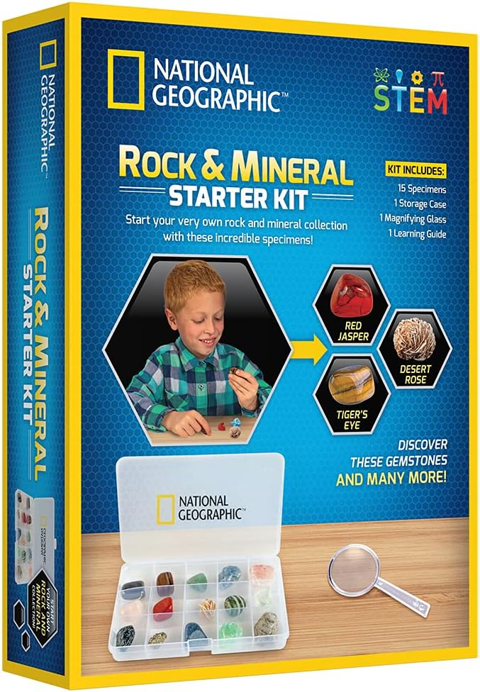 Playzokids National Geographic Rock and Mineral Starter Kit with colorful specimens and educational display case.