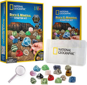 Playzokids National Geographic rock and mineral starter kit with various colorful rocks and minerals for educational exploration.