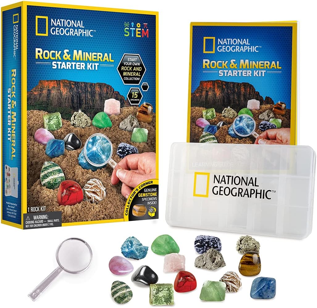 Playzokids National Geographic rock and mineral starter kit with various colorful rocks and minerals for educational exploration.