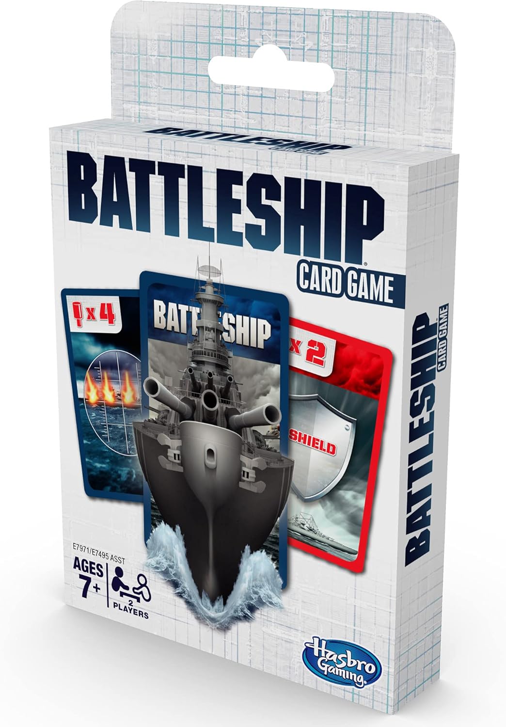Hasbro Gaming Classic Battleship card game showing colorful game box and cards on a table.
