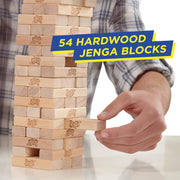 Hasbro Classic Jenga game with wooden blocks stacked in a tower ready for gameplay, made in the USA.