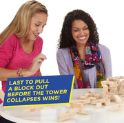 Hasbro Classic Jenga game with wooden blocks stacked in a tower ready for gameplay, made in the USA.