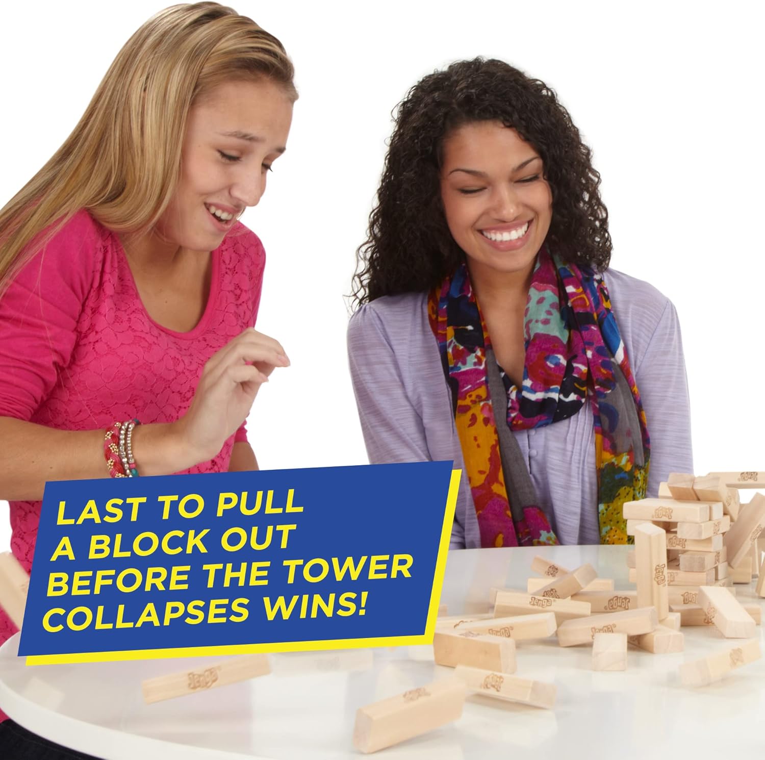 Hasbro Classic Jenga game set with wooden blocks stacked in a tower, ready for gameplay. Made in the USA.