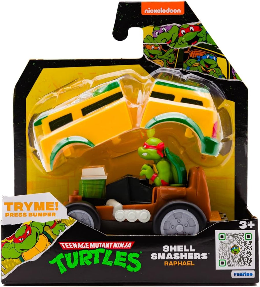 Teenage Mutant Ninja Turtle Shell Smasher Karts Raphael toy by Funrise, featuring Raphael in a racing kart with detailed green shell design.