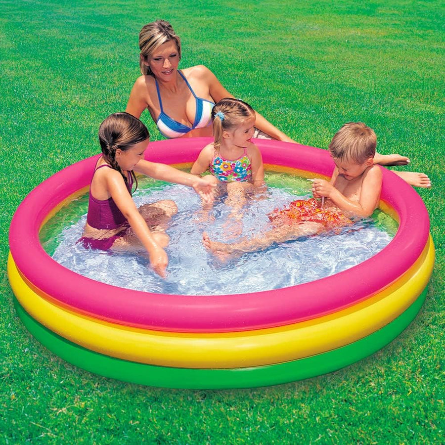 Playzokids Intex John Adams Leisure 45-inch Sunset Glow Pool with multicolored design, suitable for kids' outdoor water play.