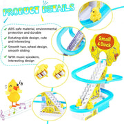 Colorful electric duck toy with a stair climbing race track, designed for kids' play and entertainment.