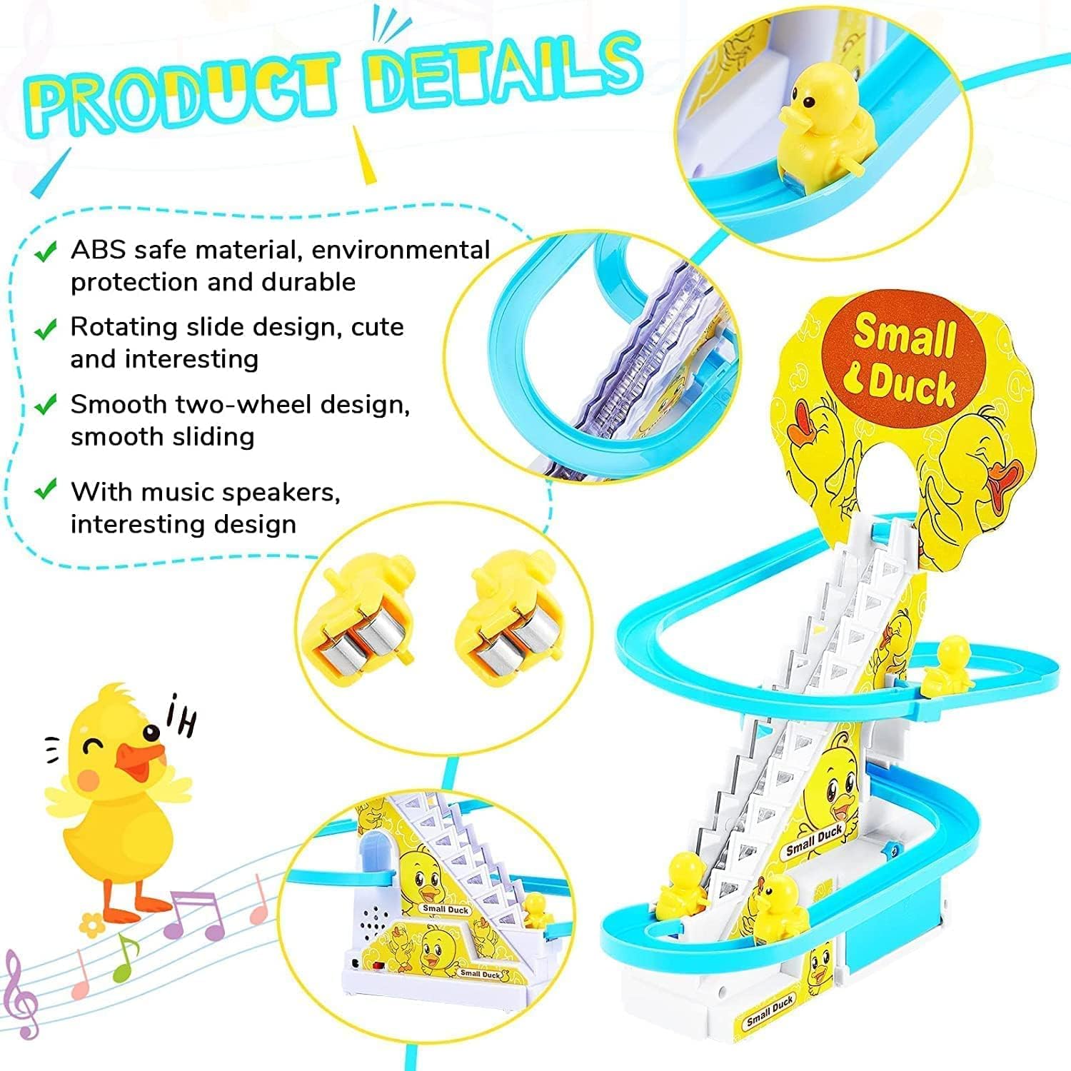 Electric duck toy climbing a colorful race track, designed for kids' play and entertainment.