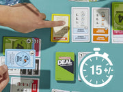Hasbro Monopoly Deal card game featuring colorful playing cards and game box on a white background.