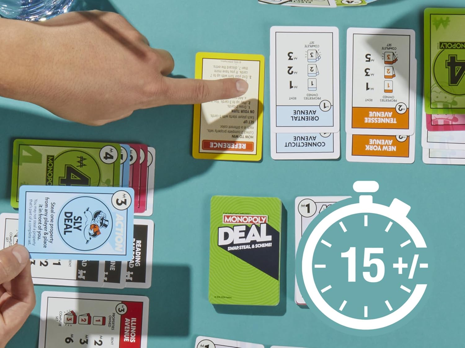 Hasbro Monopoly Deal card game featuring colorful playing cards and game box on a white background.