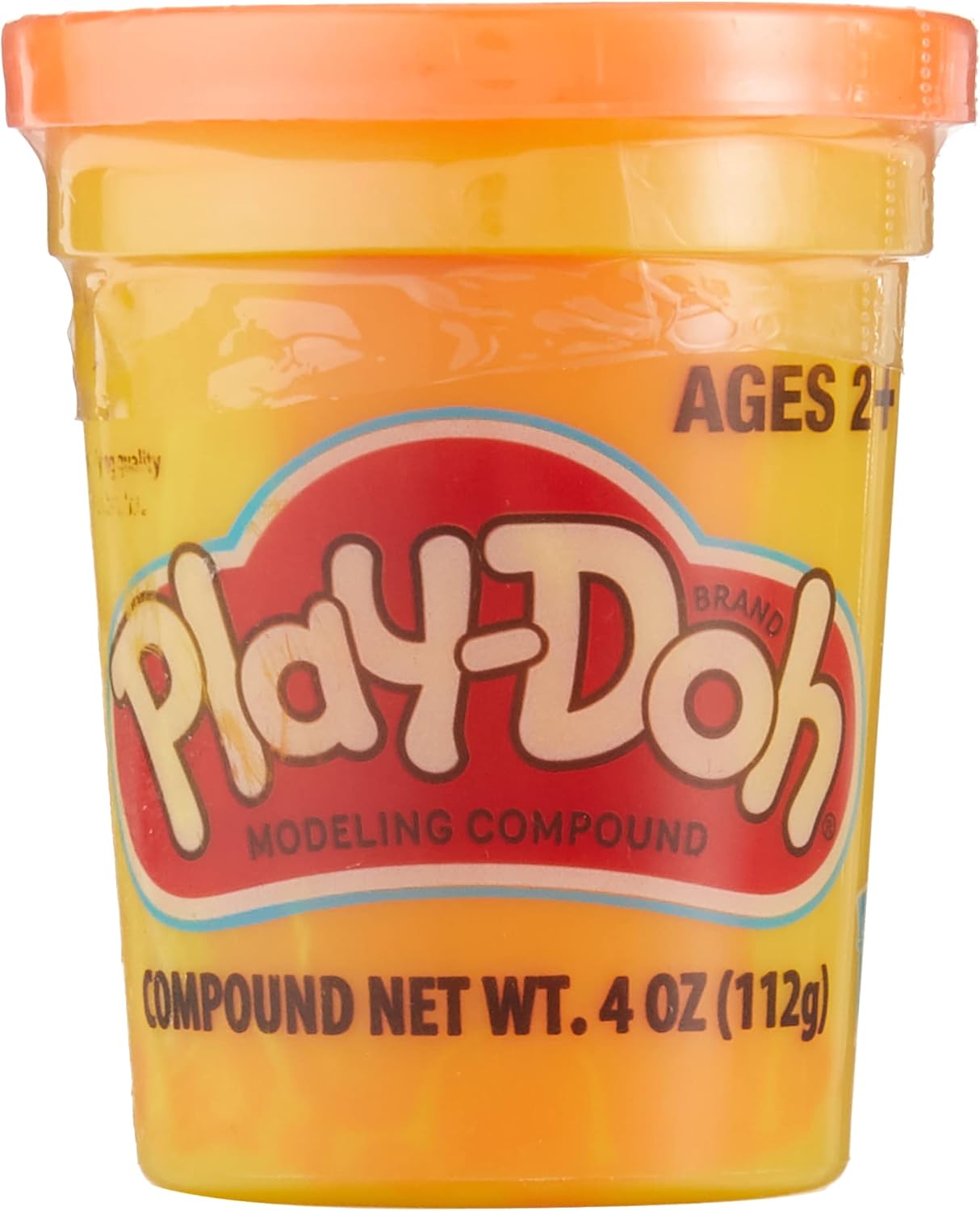 Orange Play-Doh single can of dough by Hasbro, 113g, with colorful Play-Doh spread out in a toy setting.