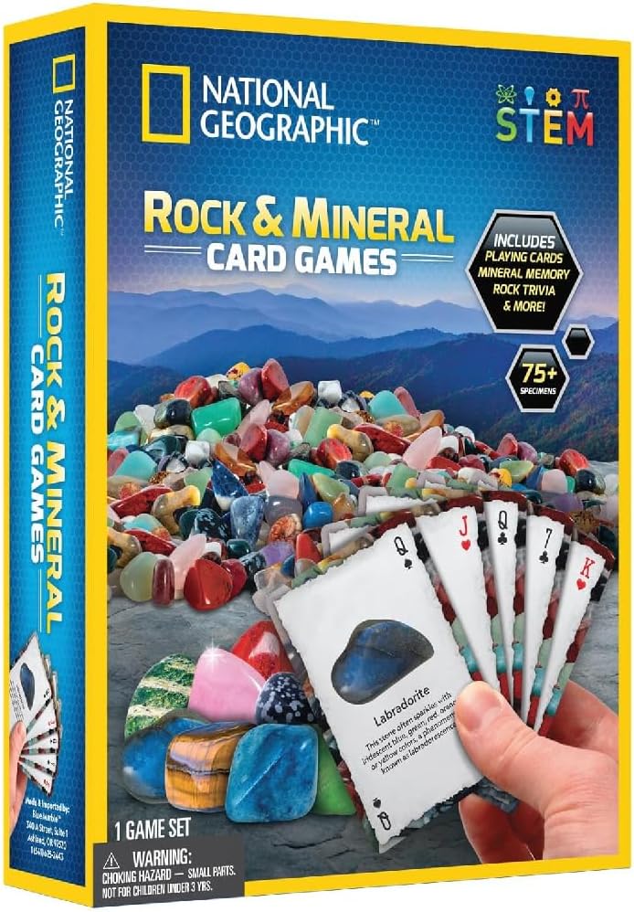 Colorful National Geographic rock and mineral card game by Playzokids, featuring illustrated cards with various rocks and minerals.