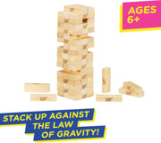 Hasbro Classic Jenga game with wooden blocks stacked in a tower ready for gameplay, made in the USA.