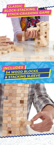 Hasbro Classic Jenga game with wooden blocks stacked in a tower ready for gameplay, made in the USA.