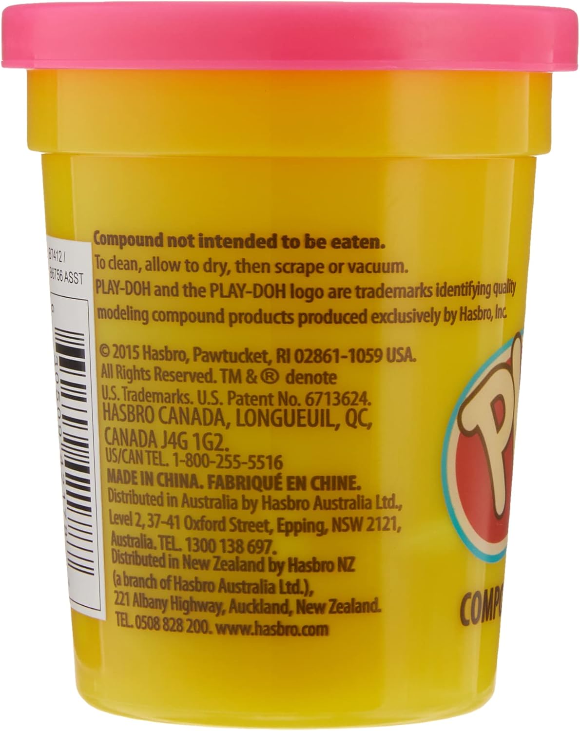 Neon pink Play-Doh single can from Hasbro, 113g of colorful modeling dough in a plastic container.