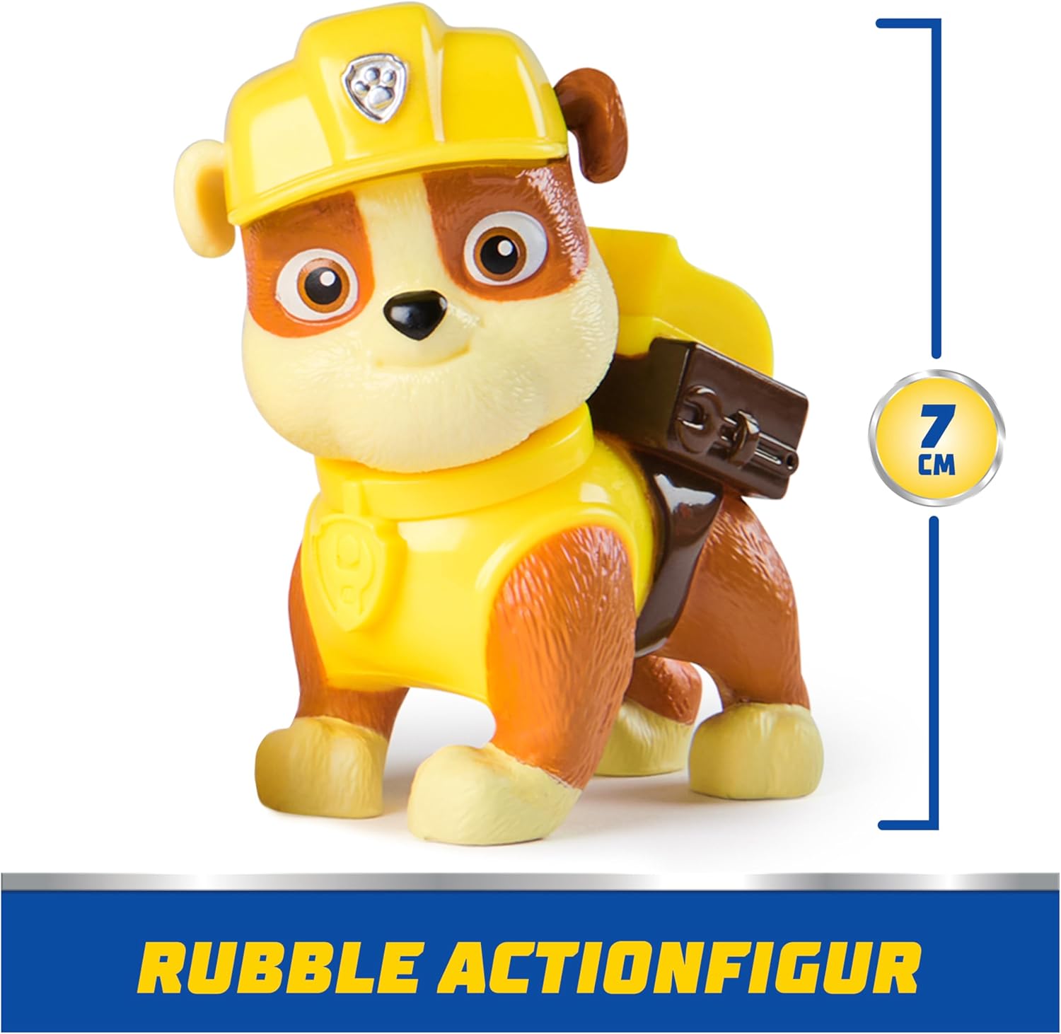 Paw Patrol Rubble Bulldozer toy with Rubble figure from Spin Master, featuring detailed vehicle and character for kids' playtime