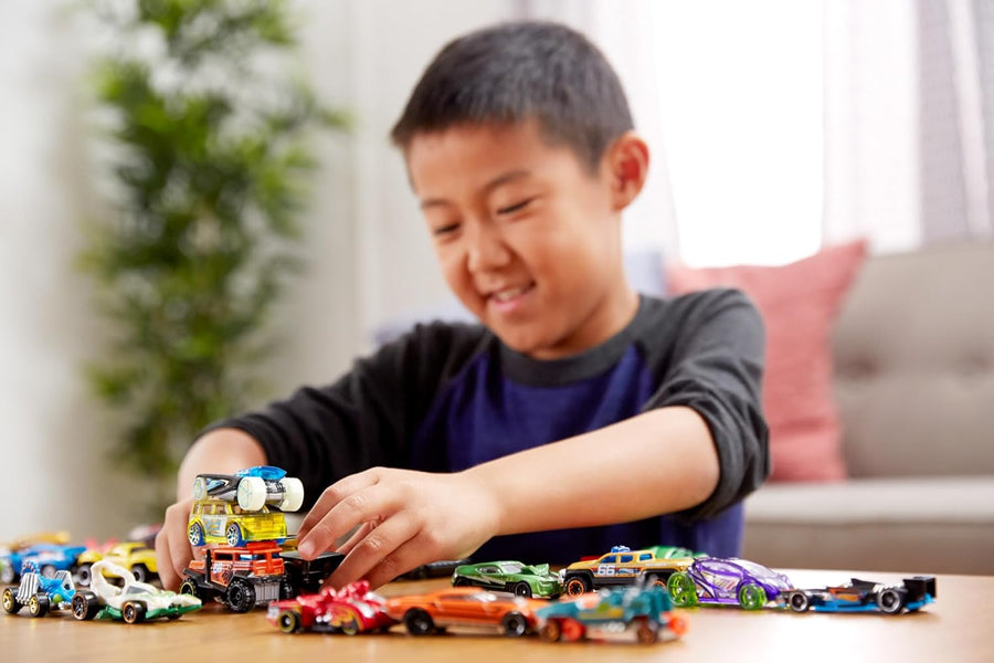 Set of 8 Hot Wheels 1:64 scale basic die-cast cars featuring various colorful models and designs, perfect for collectors.