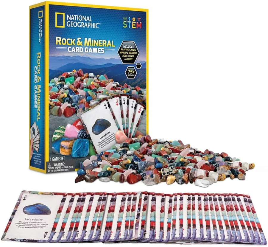 National Geographic rock and mineral card game by Playzokids, featuring colorful educational cards with various rocks and minerals.