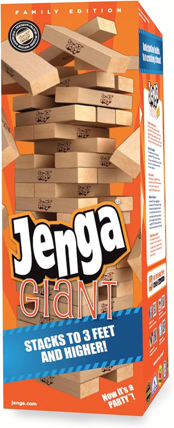 Playzokids Jenga Giant Hardwood Family Stacking Game with large wooden blocks arranged for gameplay on a table.