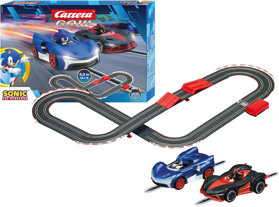 Carrera Sonic the Hedgehog race track with colorful track pieces and Sonic figure for racing play.
