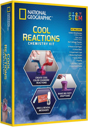 National Geographic Cool Reactions Chemistry Kit by Playzokids, featuring colorful test tubes and scientific equipment for experiments.