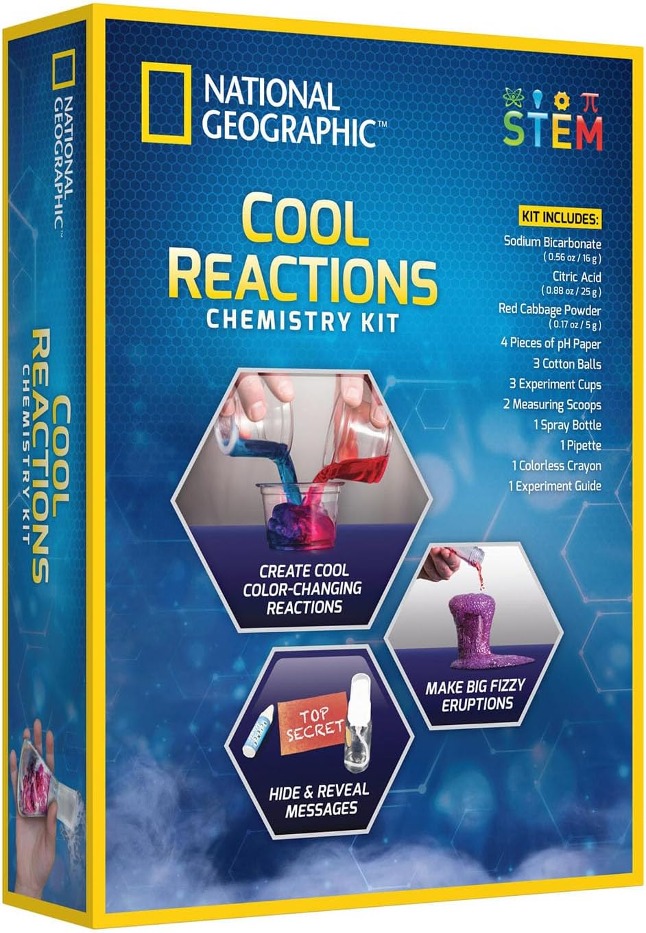 National Geographic Cool Reactions Chemistry Kit by Playzokids, featuring colorful test tubes and scientific equipment for experiments.