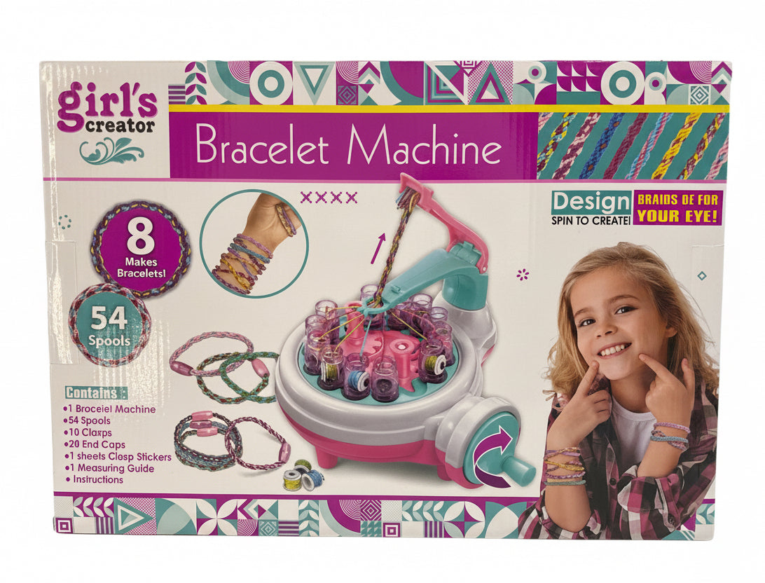 Girls Creator bracelet machine with 54 spools for DIY jewelry making, featuring colorful threads and multiple threading options.