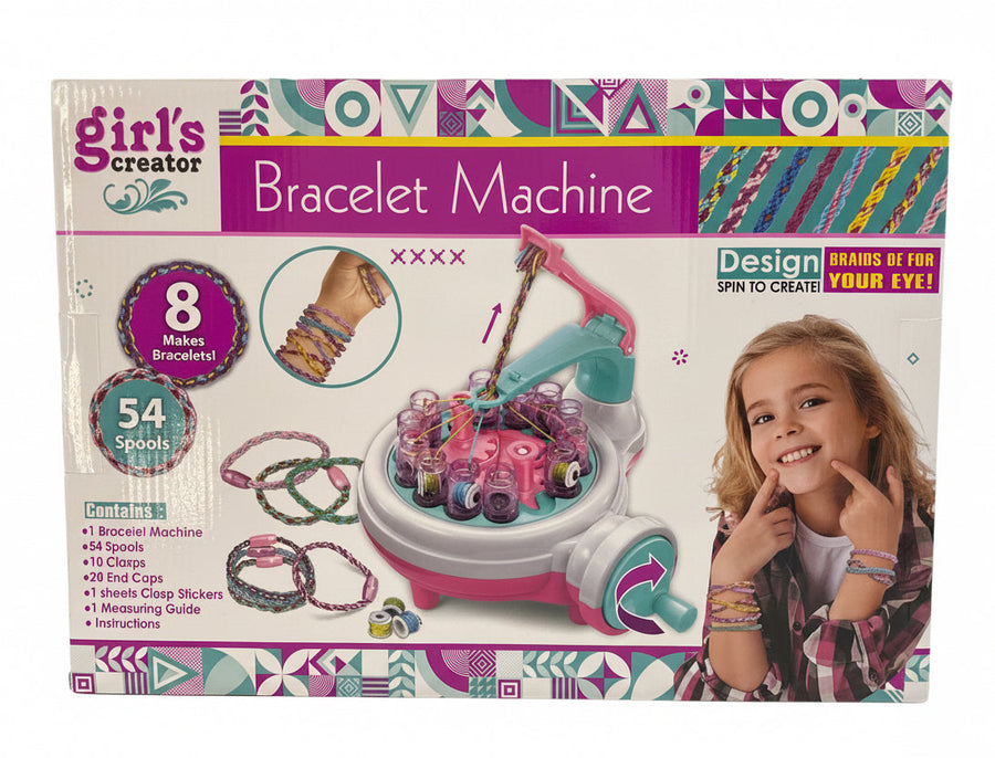 Girls Creator bracelet machine with 54 spools for DIY jewelry making, featuring colorful threads and multiple threading options.